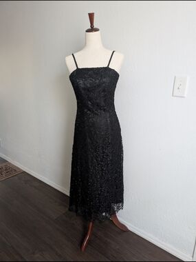 Marina Bresler Vintage Black Beaded Spaghetti-Strap Midi Formal Dress